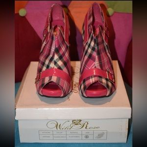 Pink Black White Plaid Stiletto Heels Size 8